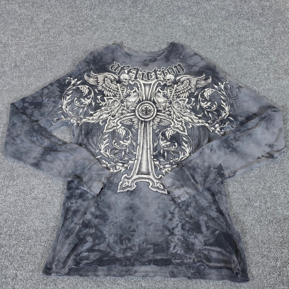 Affliction Mens Gray Tie Dye Thermal Shirt Skull Cross Graphic Long Sleeve Sz XL